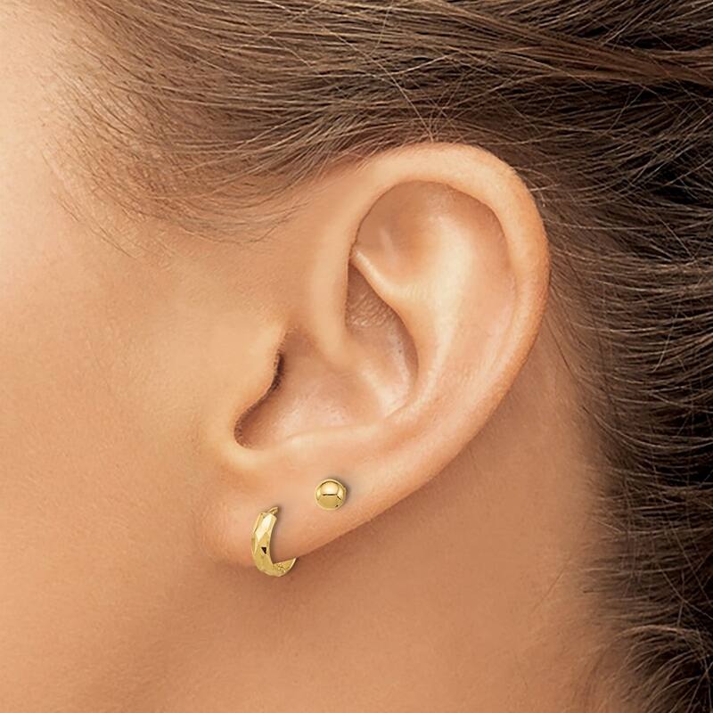 Curata 14k Yellow Gold Polished 4mm Ball and Sparkle Cut Hoop Earrings - Set