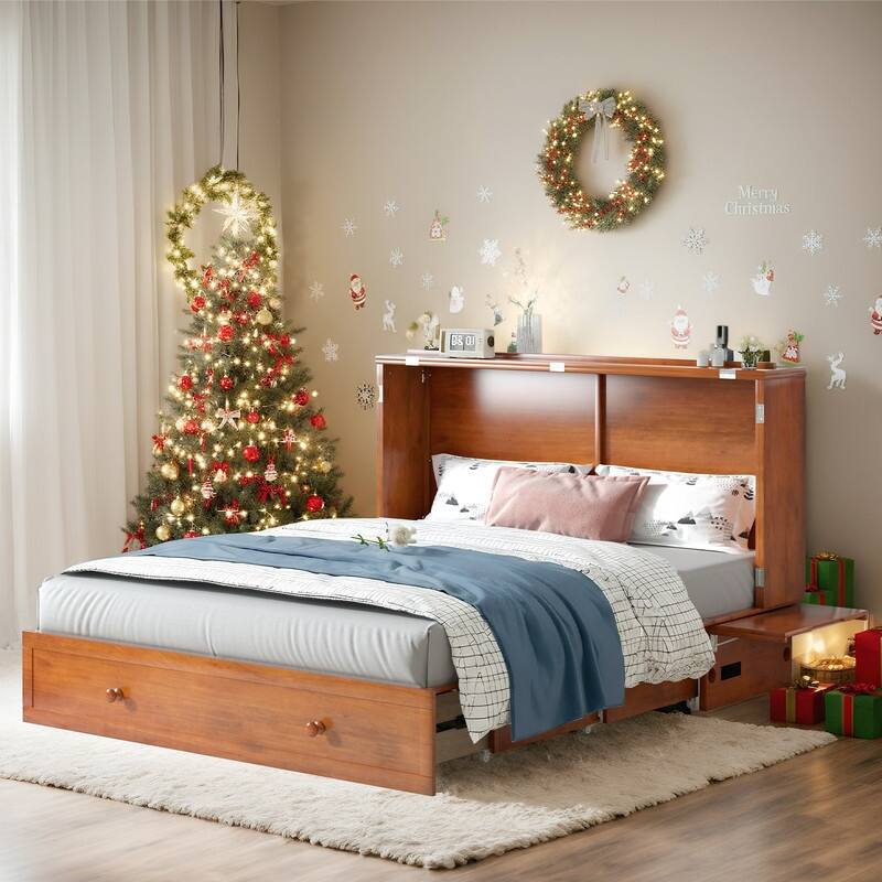 Mixoy Modern Murphy Bed Cabinet Chest with Mattress & Storage Platform - CHERRY - Queen