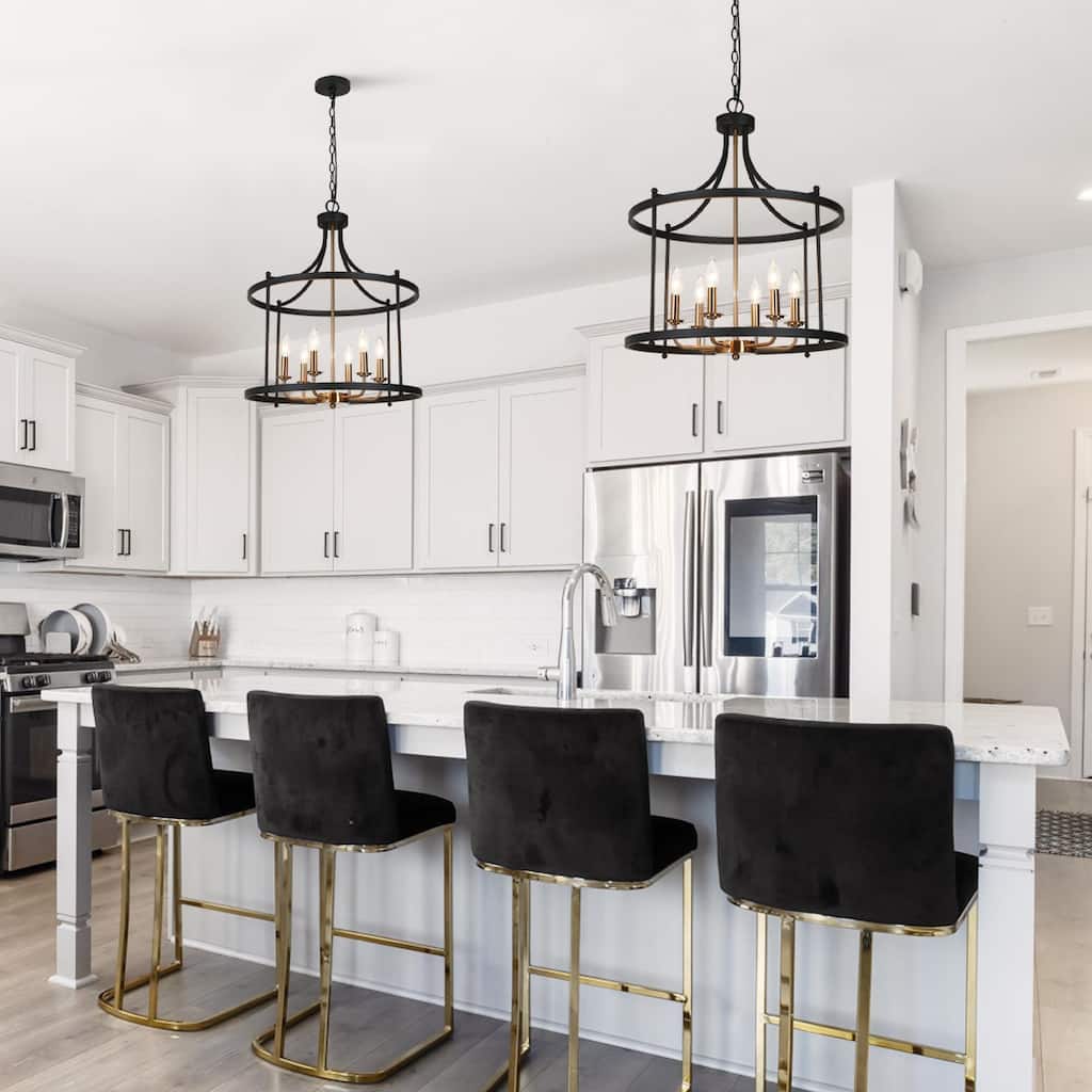 Modern 6-Light Drum Chandelier Black Gold Lantern Pendant for Kitchen Island Foyer - 21.5'' D x 27'' H