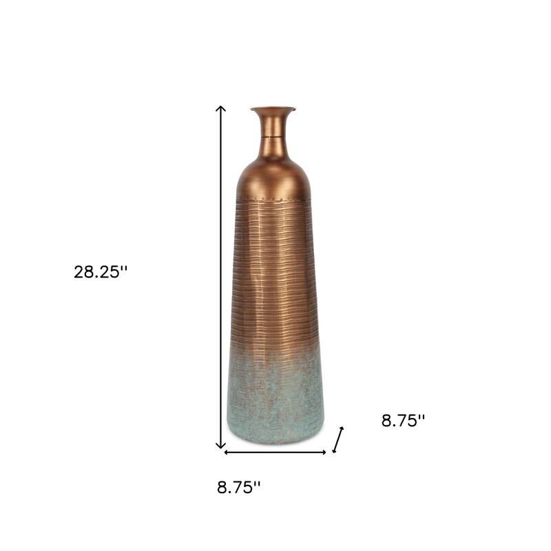 28" Copper And Teal Abstract Tapered Metal Floor Vase - 8.75