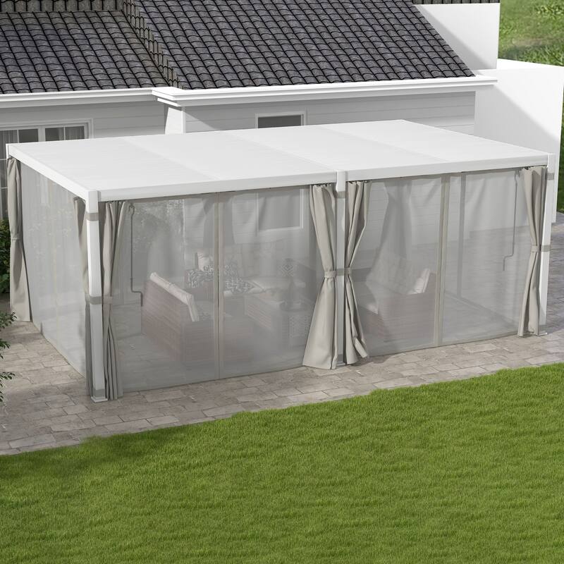 Outsunny 12' x 19' Louvered Pergola Hardtop Gazebo with Adjustable Aluminum Roof and Frame, Outdoor Pergola with Curtains - Cream