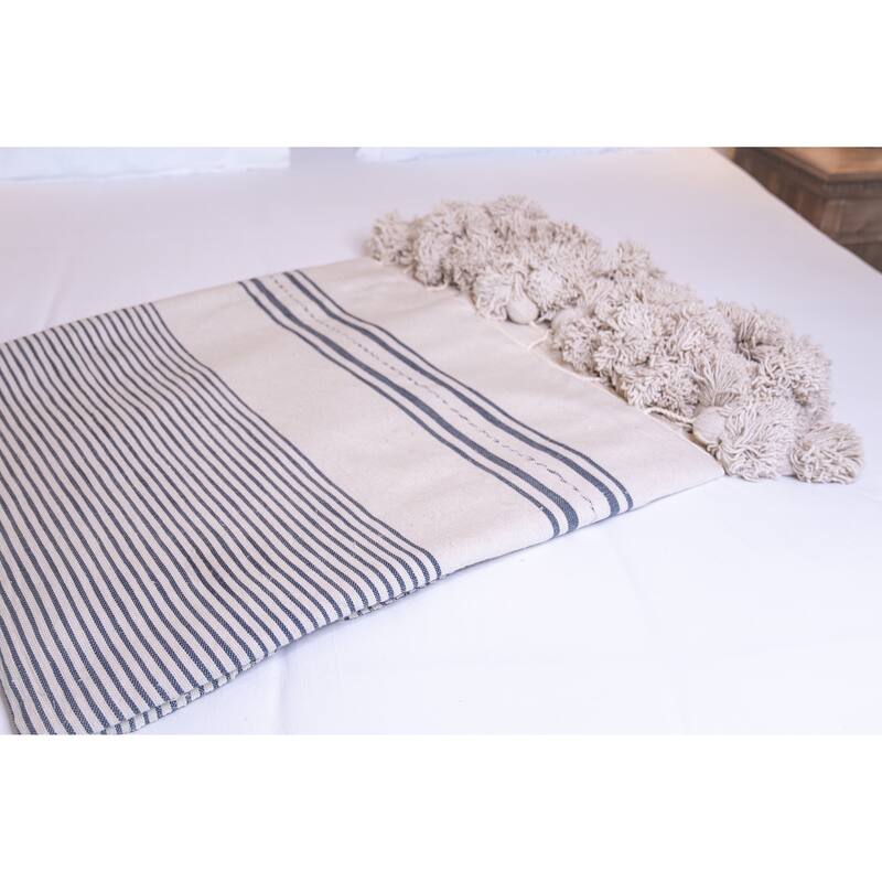 Moroccan Blanket with Pom Pom in Beige and Light Blue