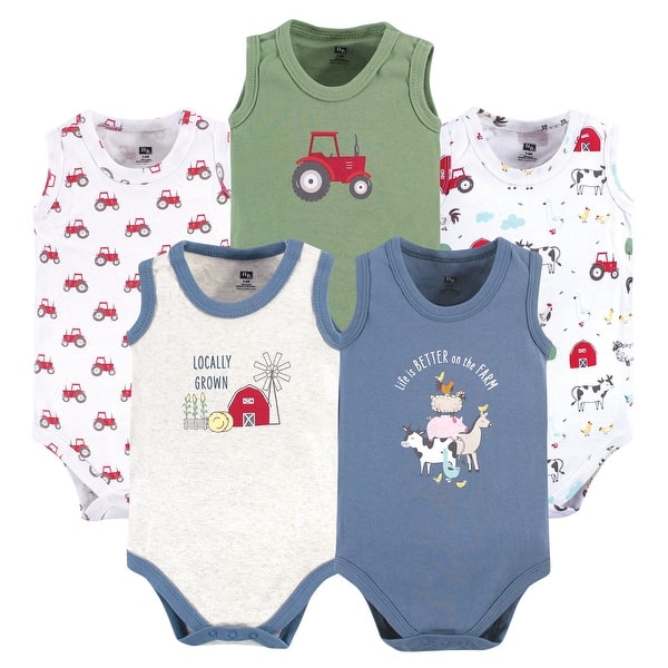 slide 1 of 1, Hudson Baby Infant Boy Cotton Sleeveless Bodysuits, Boy Farm Animals 0-3 Months - Boy Farm Animals