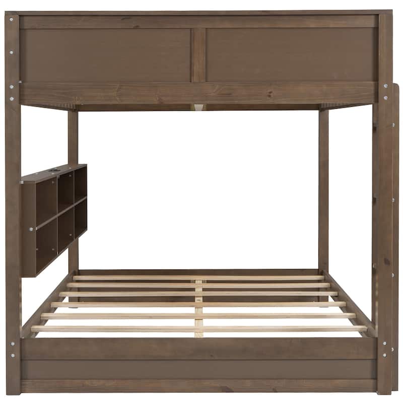Queen over Queen Size Solid Wood Bunk Bed with Storage Cabinets and USB Ports