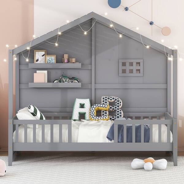 slide 2 of 22, Twin House Bed with Shelves for Kids Girls Boys, Solid Wood Platform Bed Frame with Window & Sparkling Light Strip on the Roof Grey - Twin