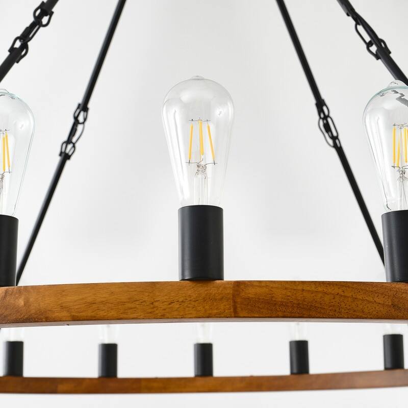 Farmhouse Wagon Wheel Chandelier - Rustic Wood & Metal Adjustable Pendant Light for Dining Rooms, Kitchens & Entryways