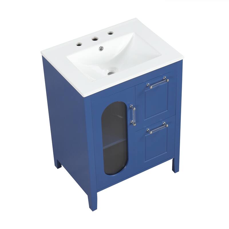GDFStudio - Emma 24-Inch Bathroom Vanity with Ceramic Sink, Moru Glass Door and Adjustable Storage