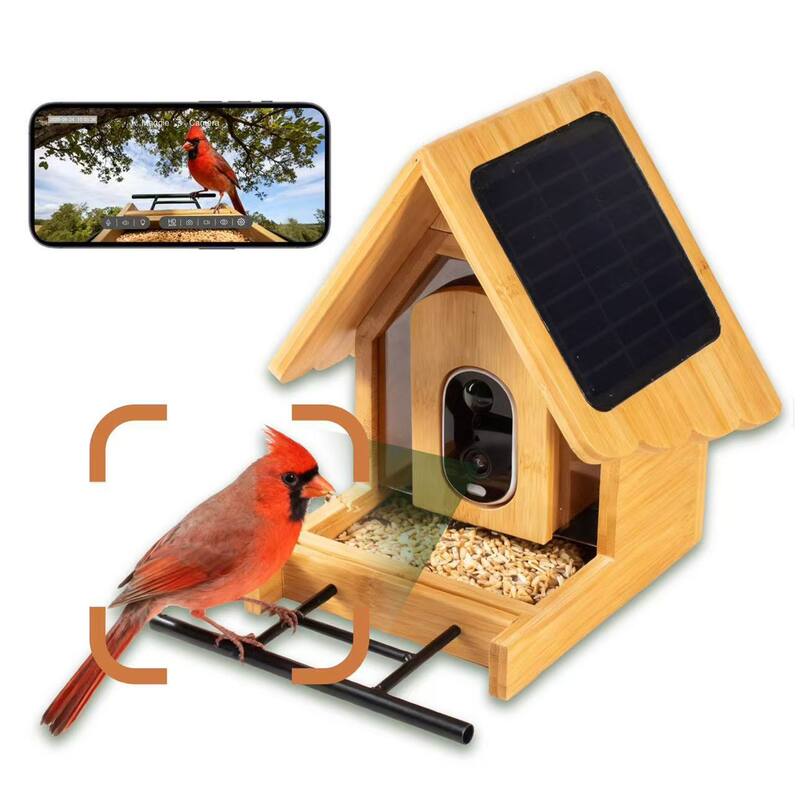 Smart Solar Bamboo Bird Feeder with Camera and AI Identify Bird Species - 9.8" W x 9.57" D x 7.87" H