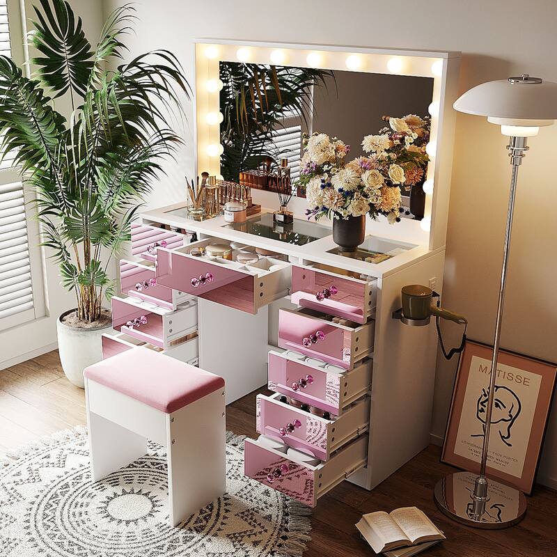 11-Bulb Makeup Vanity with Glass Top, Pink Drawers & Adjustable Lights