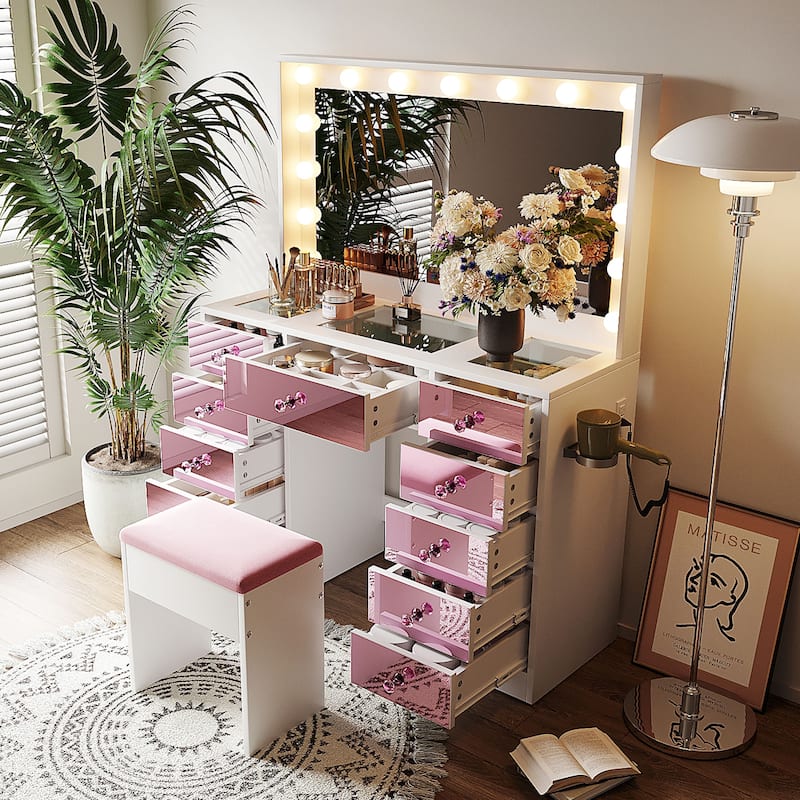Pink Makeup Vanity Desk with Hollywood Mirror, Glass Top Dressing Table Set with Stool & Power Outlets