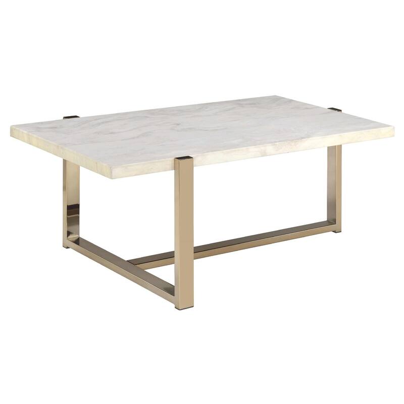 Modern Metal Framed Coffee Table with Faux Marble Top, White and Gold