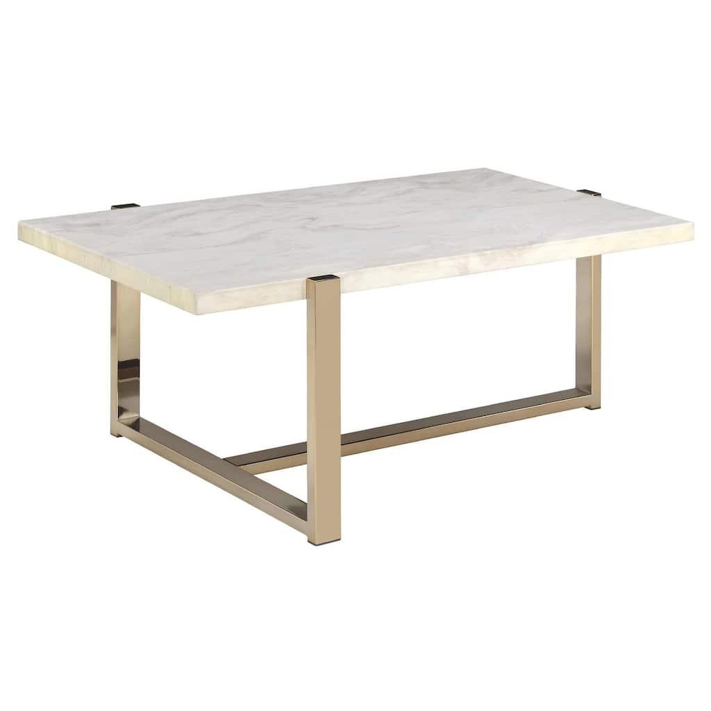 Modern Metal Framed Coffee Table with Faux Marble Top, White and Gold
