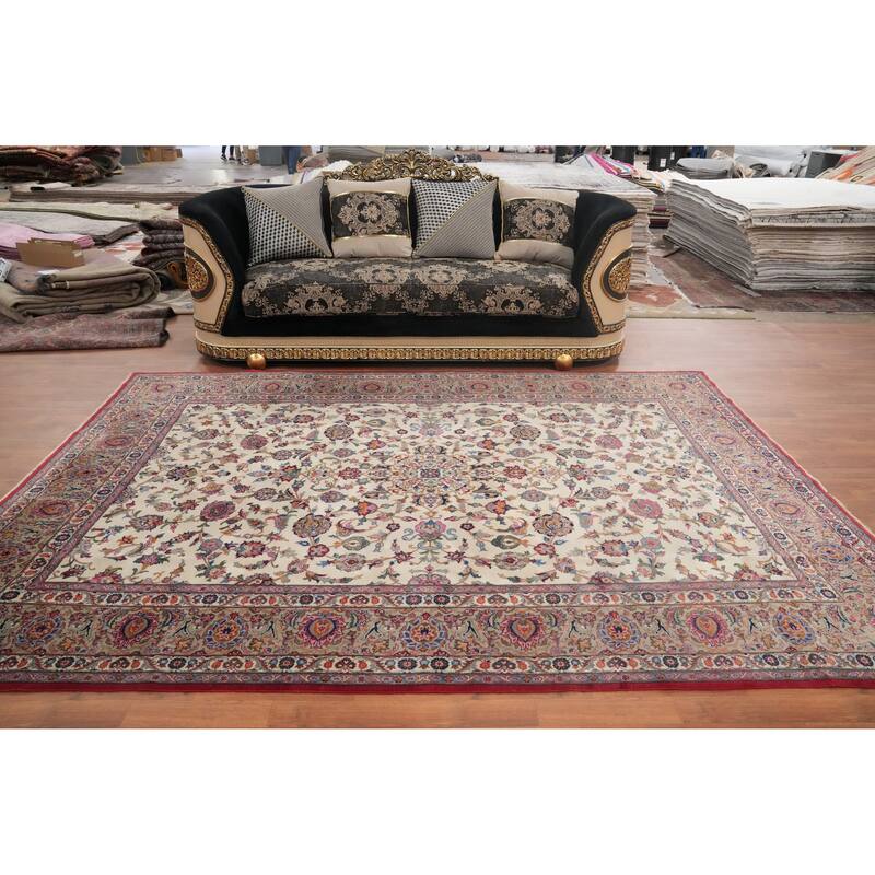 Hand Knotted Oriental 100% Wool Carpet Traditional Floral Beige & Ivories Tabriz Area Rug - 10' 4'' X 7' 4''