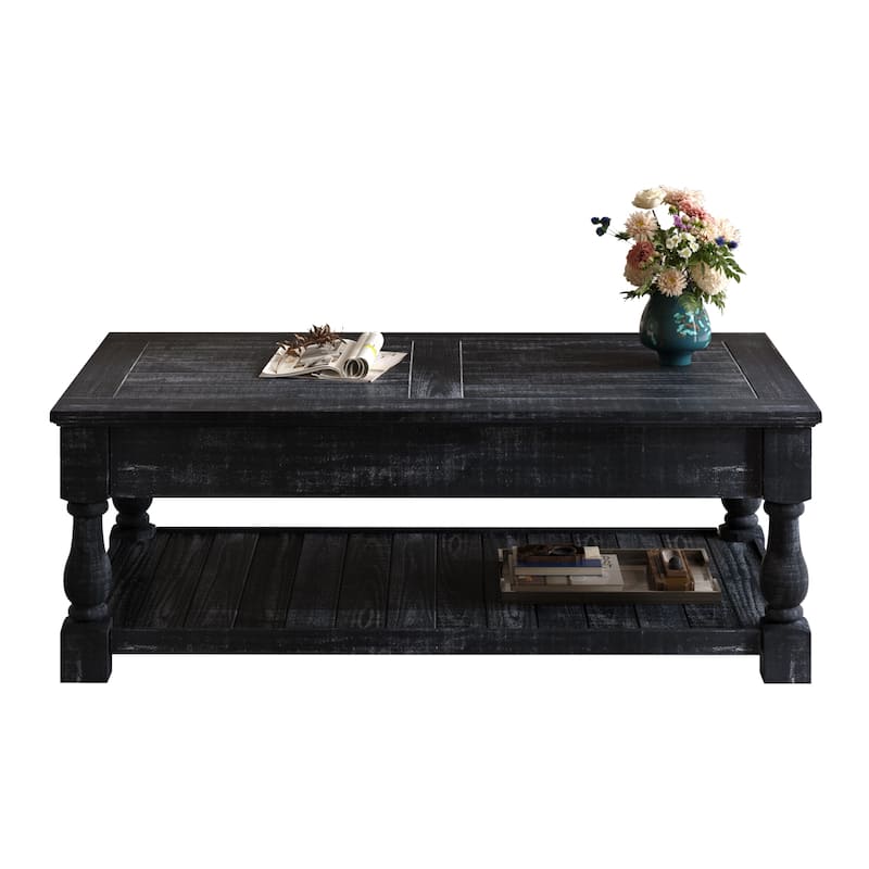 Farmhouse Lift Top Coffee Table with Fixed Shelf - 3 Hidden Storage Trays, Handsomely Crafted in Weathered Black Finish