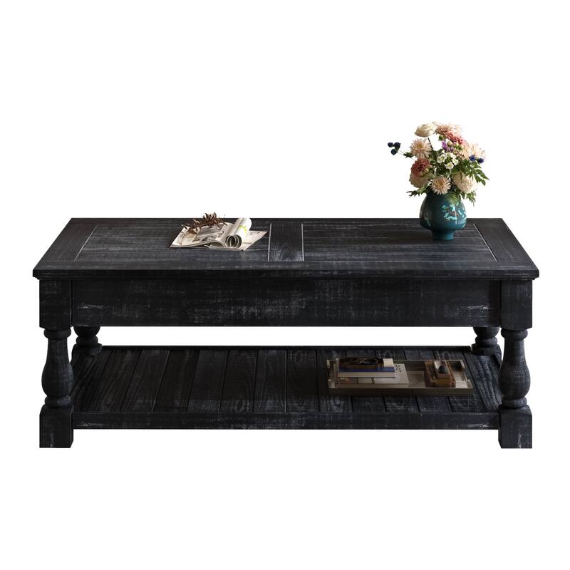 Roomfitters Farmhouse Lift Top Coffee Table, Wood Center Table with 3 Storage Trays and Lower Shelf, Antique Black