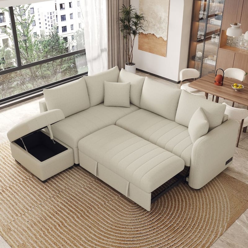 82.6" L-Shaped Sectional Pull Out Sofa Bed Sleeper Sofa with Two USB Ports, Two Power Sockets and A Movable Storage Ottoman