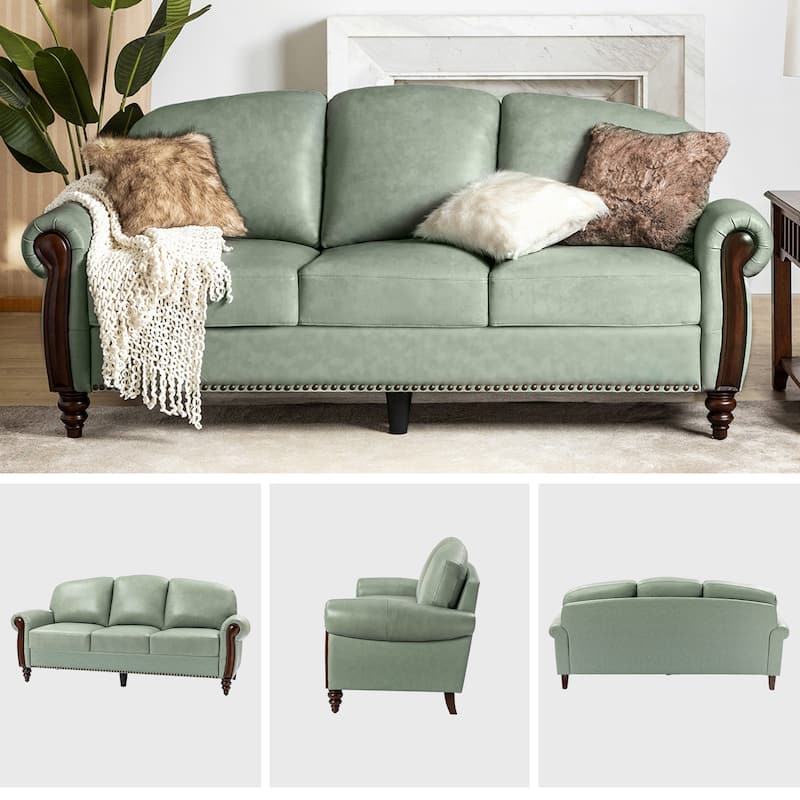 Eduard 84" Traditional Genuine Leather Sofa with Carved Wood Legs by HULALA HOME