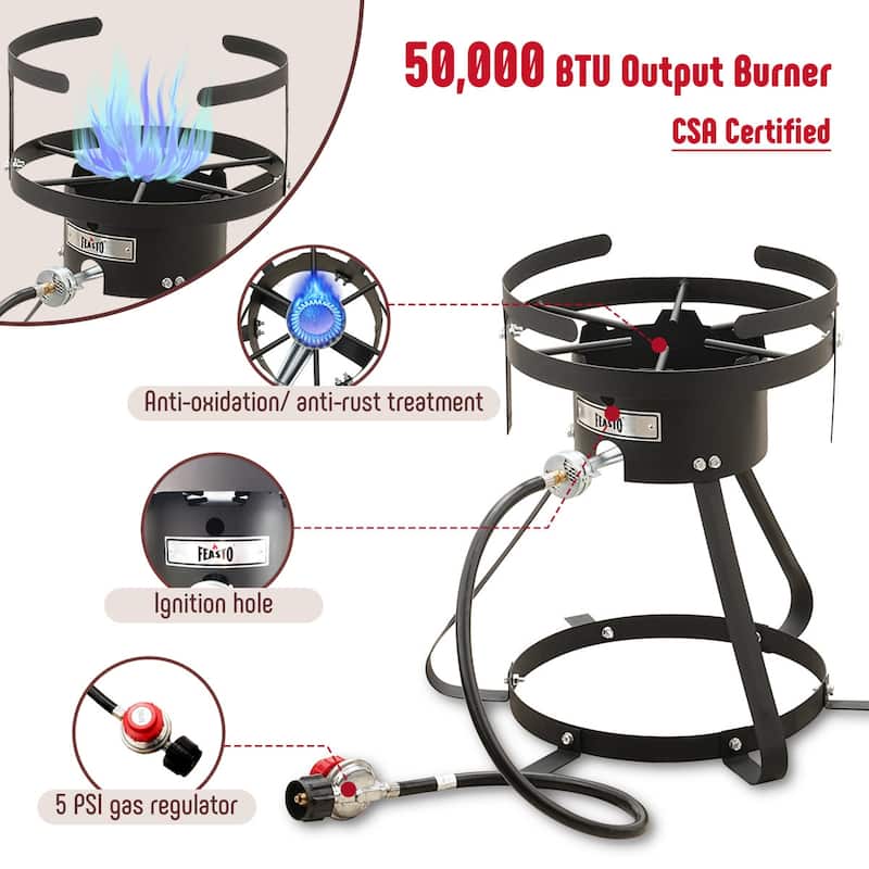 FEASTO 10 Qt Aluminum Outdoor Propane Gas Fryer Pot Kit with Strainer Basket, 50,000 BTU Burner, Perfect for Boiling and Frying