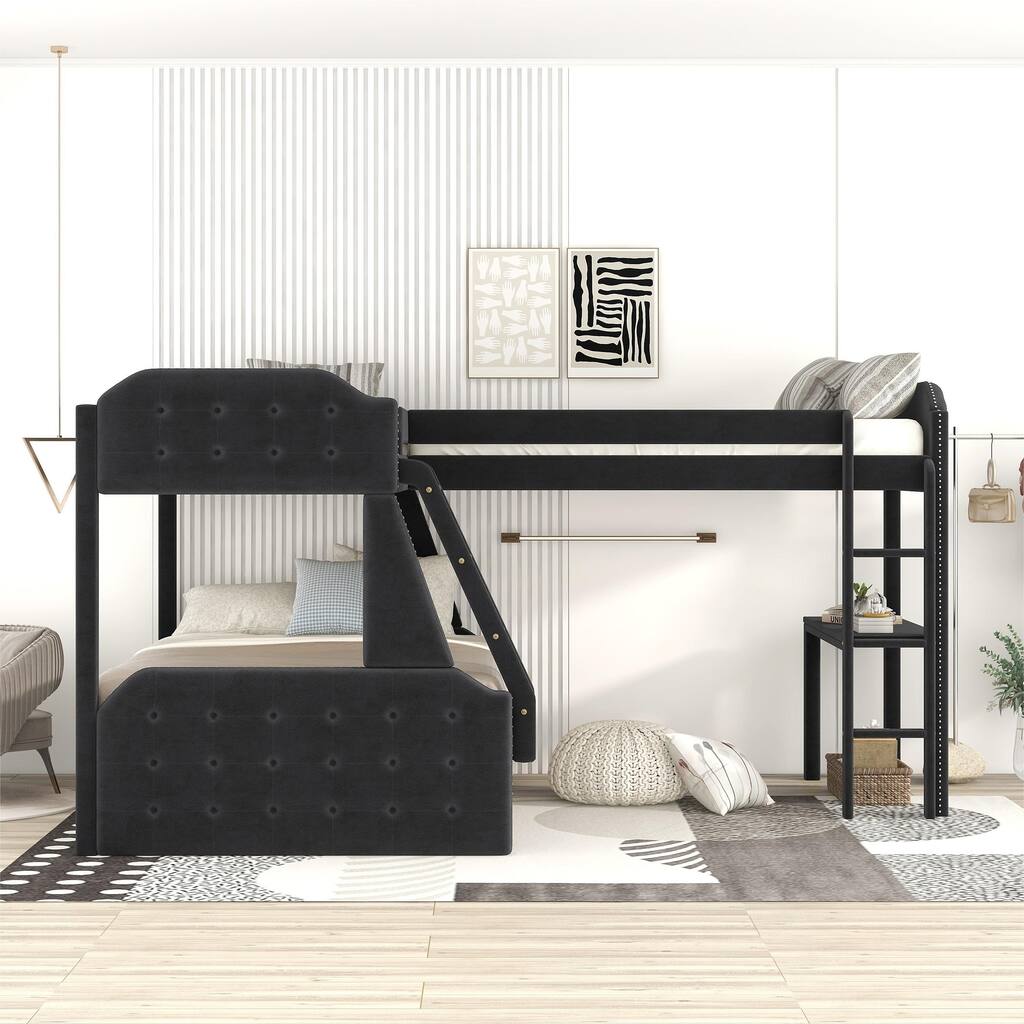 L-Shaped Twin over Full Velvet Upholstered Bunk Bed and Twin Sie Loft Bed with Desk and Nailheads Decor, Black