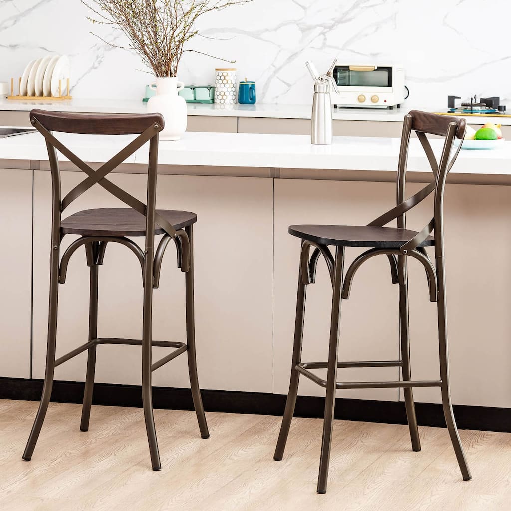 Glitzhome Industrial Metal Solid Elm Wood Seat Kitchen Bar Stool Chairs, Set of 2/4