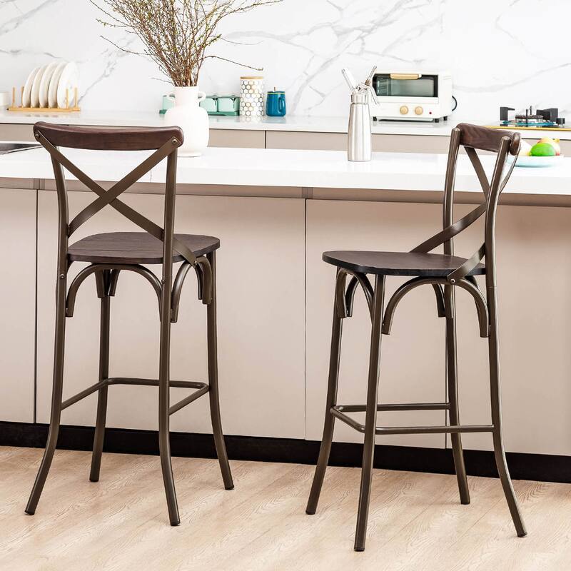 Glitzhome Industrial Metal Solid Elm Wood Seat Kitchen Bar Stool Chairs Set of 4