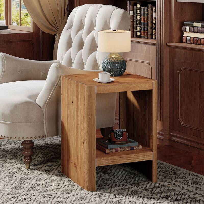 2-Tier Solid Wood End Table, Small Side Table with Open Storage Shelf