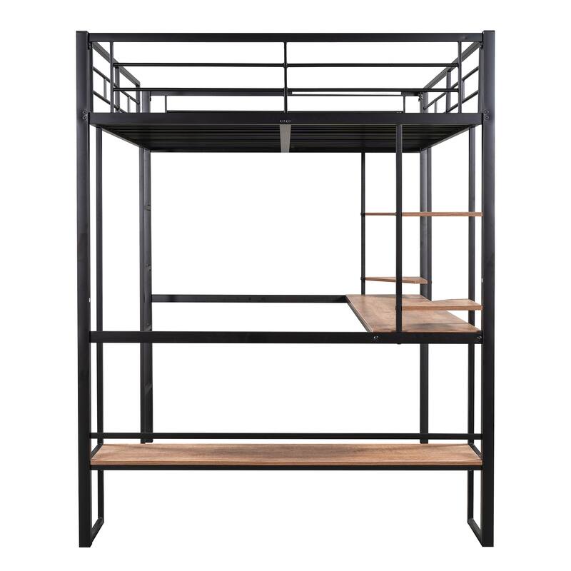 Full Size Loft Bed (Metal & MDF) - Long Desk & Shelves - Black, Space-Saving Functional Furniture