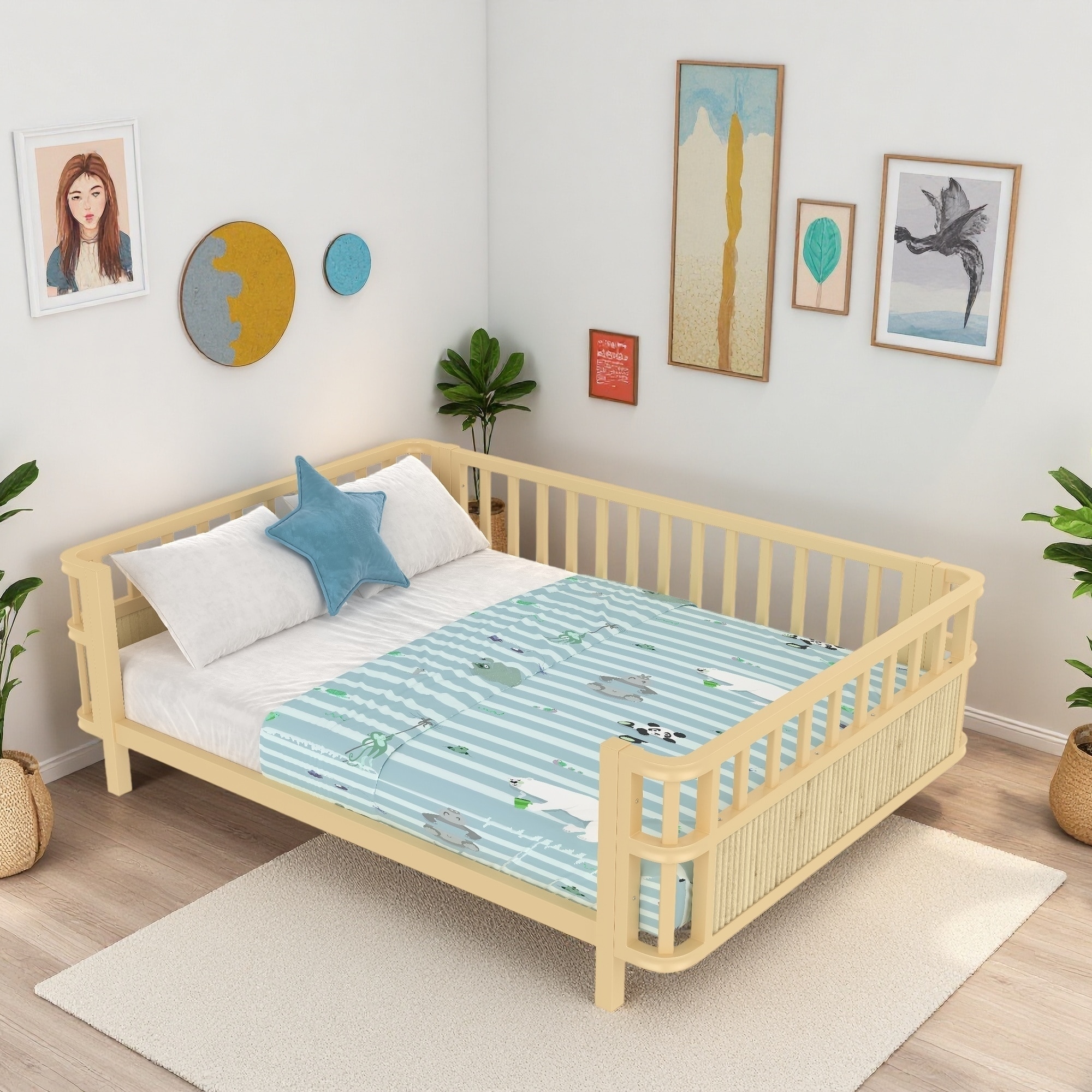 Wood Platform Bed with Railings, and Low-Profile Design