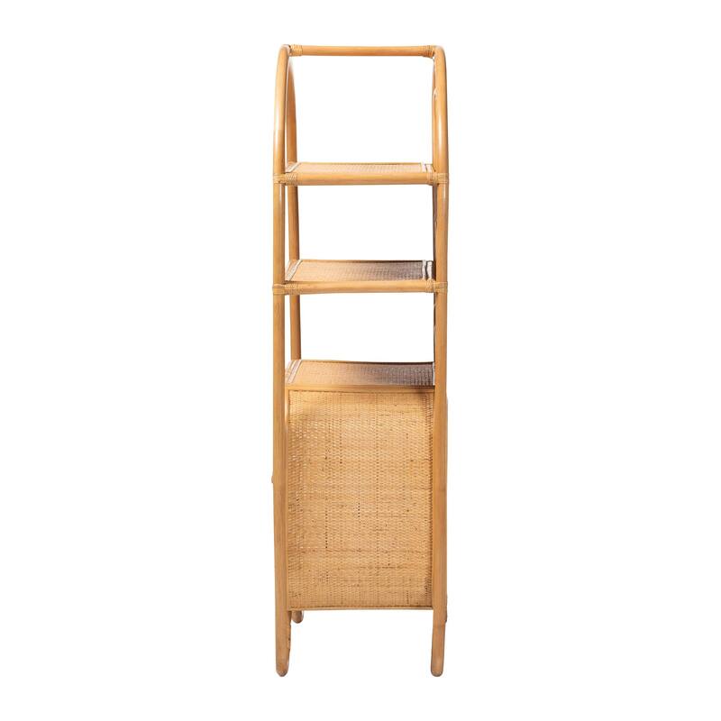 Noreen Peacock Fan Natural Rattan Cabinet - Handcrafted Rattan Pole Hutch with Woven Doors and Shelves, Boho Coastal Accent