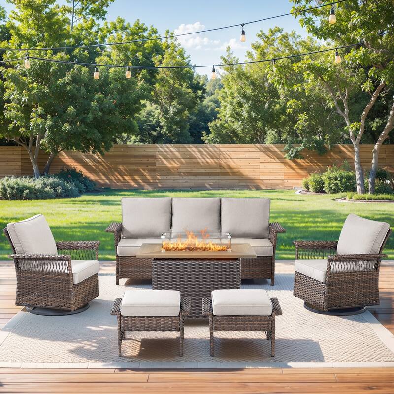Pocassy 41 in Fire Table with Patio Sofa Swivel Chair Ottoman - Brown Wicker Beige Cushion - 6-Piece Sofa Swivel Chair Ottoman with Fire Table