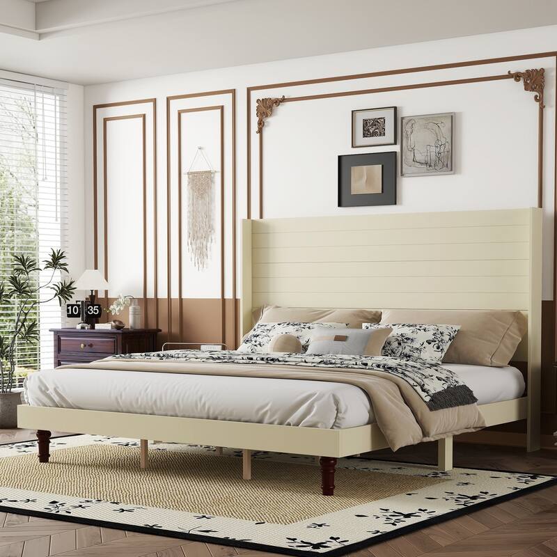 Elegant King Size High Headboard Bed in Beige, Durable and Comfortable Design for Modern Bedrooms