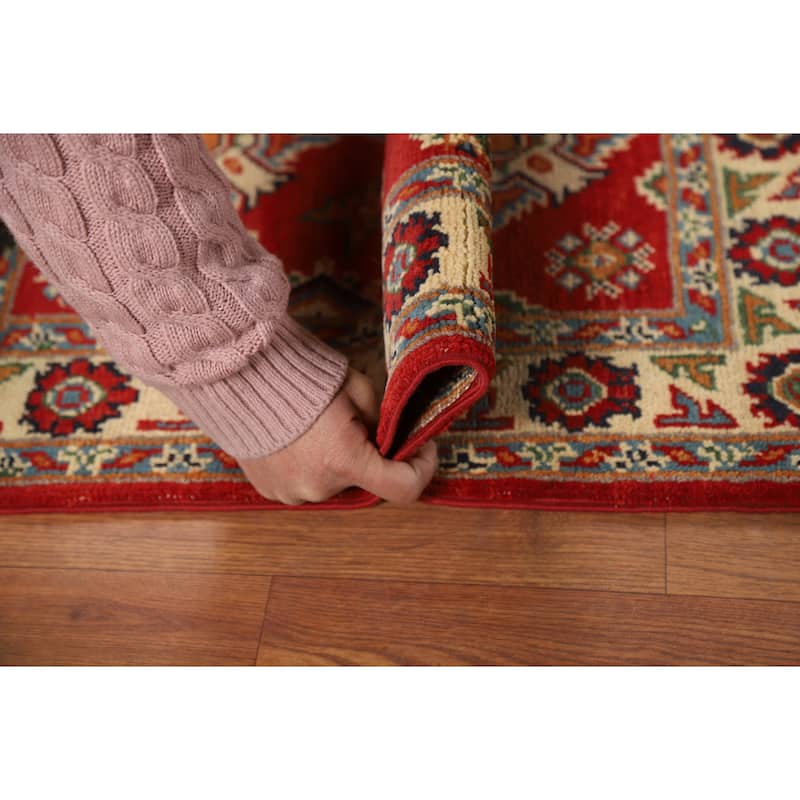 Red Geometric Kazak Oriental Accent Rug Hand-Knotted Wool Carpet - 2'0" x 3'0"
