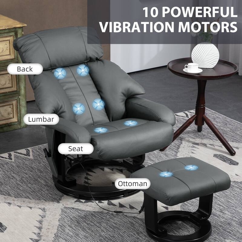 PU Leather Vibration Massage Recliners , with Footrest and Side Pockets, Manual Tilt Backrest Adjustment and 360° Rotating Base