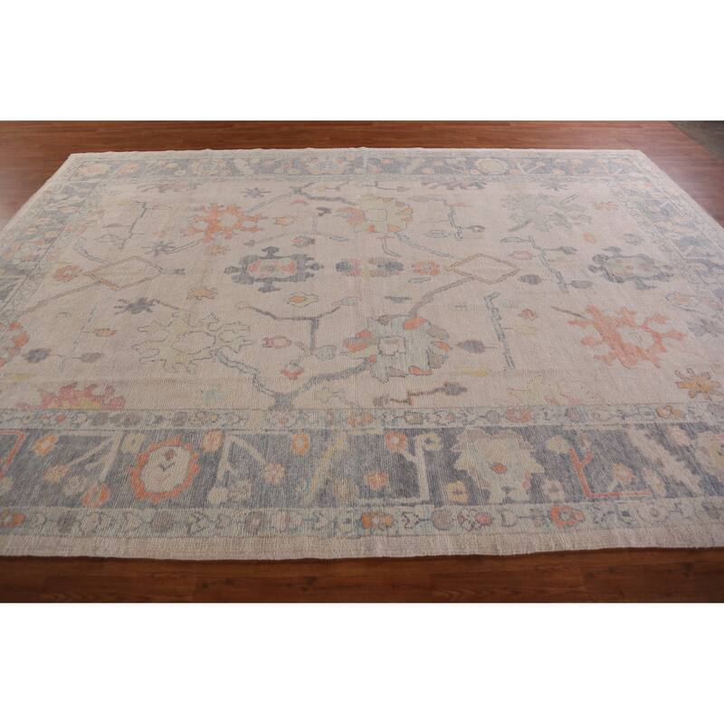 Hand Knotted Oriental 100% Wool Carpet Transitional All-Over Beige & Ivories Oushak Area Rug - 12' 5'' X 8' 9''