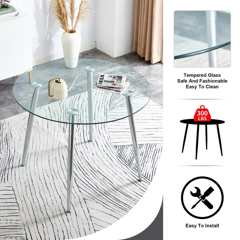 40" Round Glass Tabletop Dining Table with Metal Legs