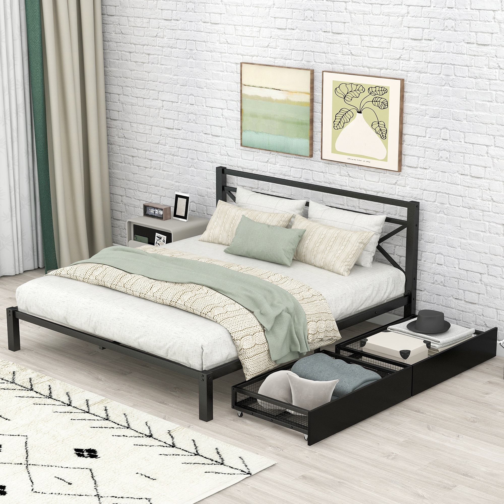 Queen bed frame with metal shop slats