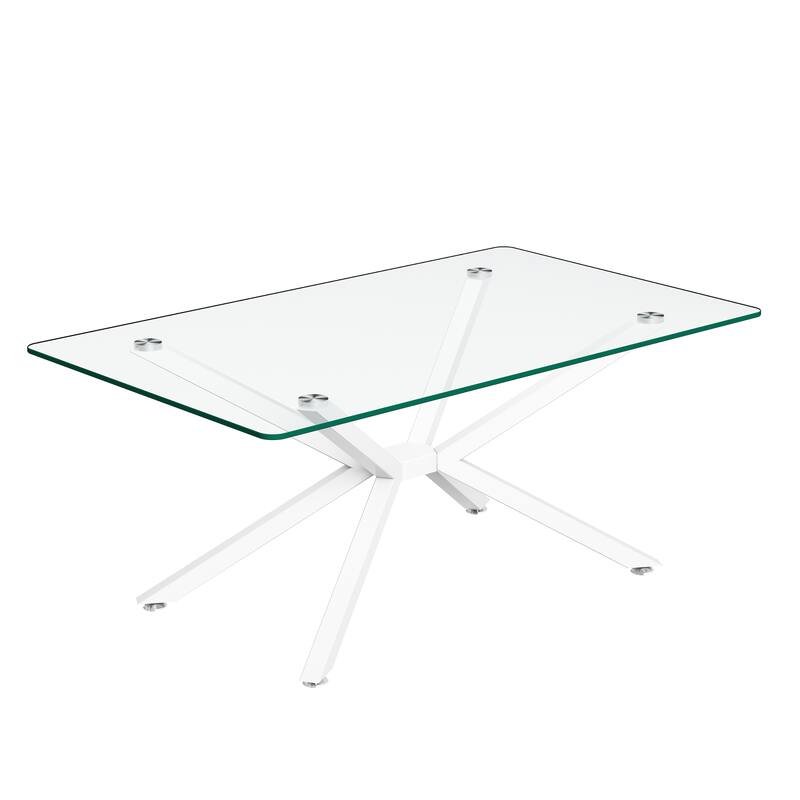 39.37" Rectangle Clear Glass Glass Coffee Table,Stylish Design with White Metal Legs, Coffee Table for Living Room