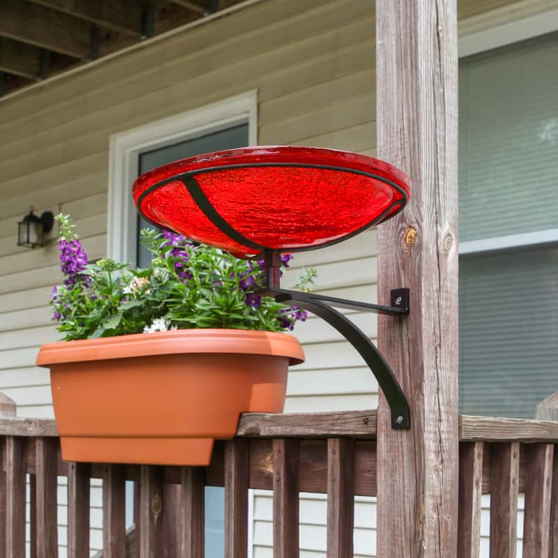 Achla Designs 14"Dia. Round Crackle Glass Birdbath w/Black Wrought Iron Wall Mount Bracket