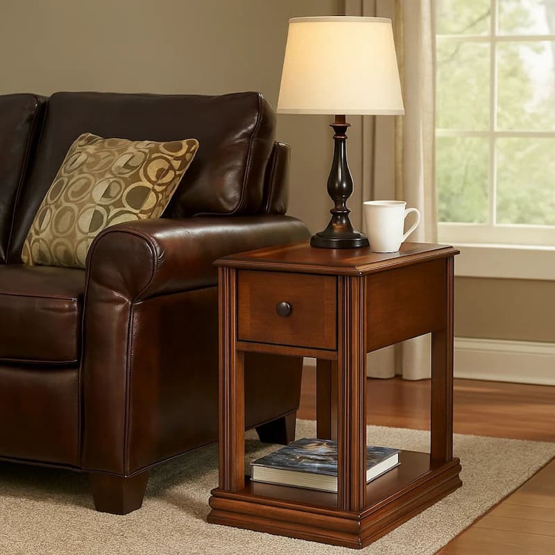 Chair Side End Table with 1 Drawer and Open Bottom Shelf, Brown