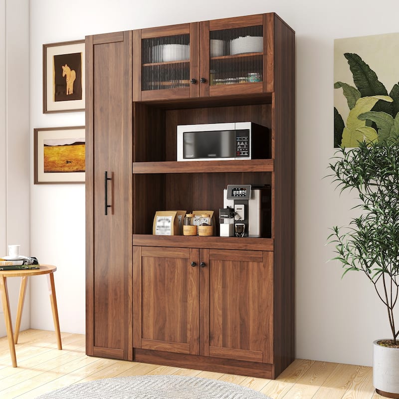 Expandable Kitchen Buffet Cabinet, Pantry Cabinet with Pull-out Storage Shelf, Storage Cabinet with 4 Doors - Walnut