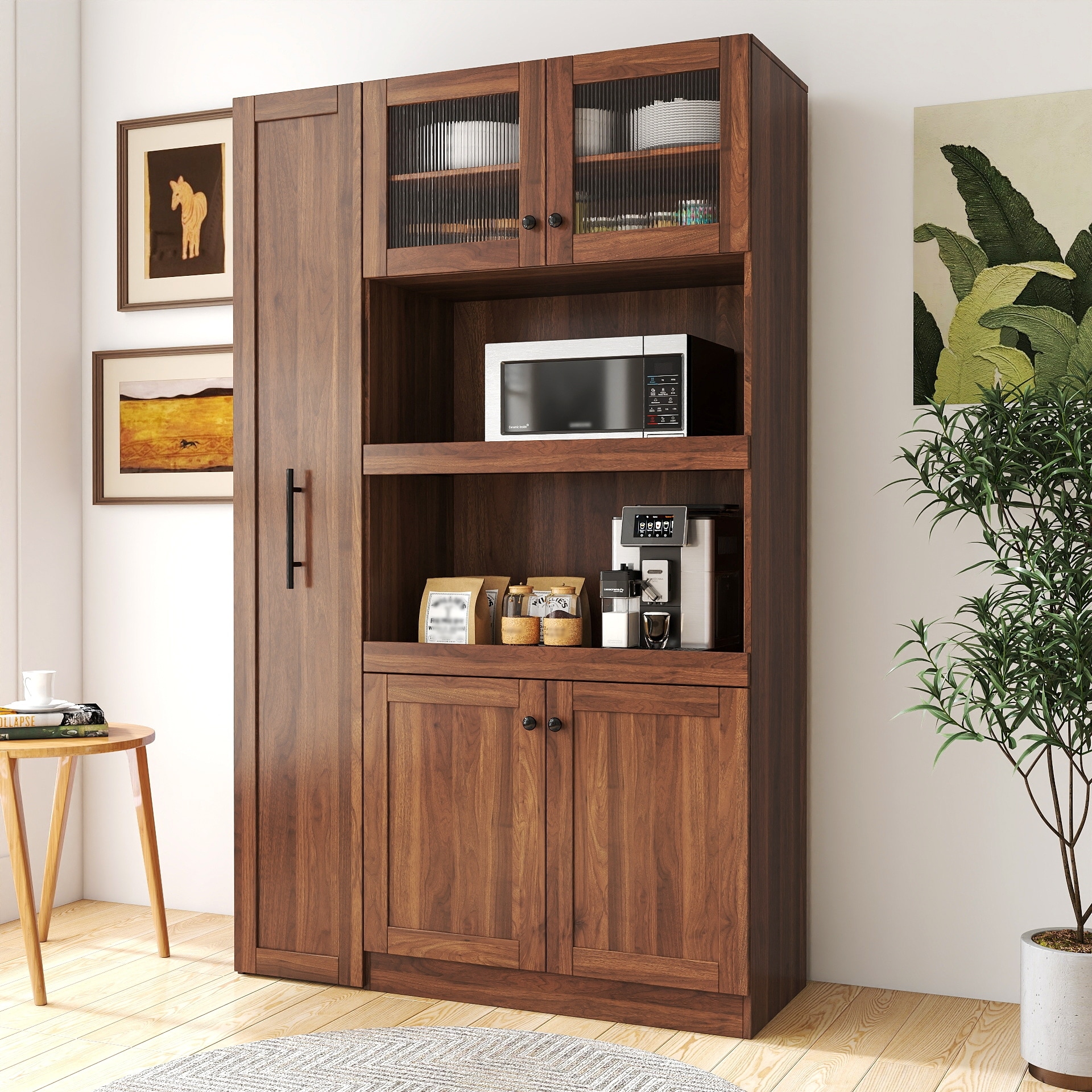 Expandable Kitchen Buffet Cabinet, Pantry Cabinet with Pull-out Storage Shelf, Storage Cabinet with 4 Doors