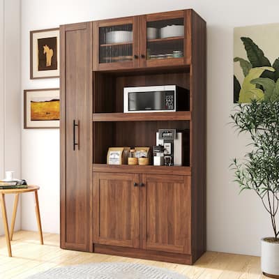 Farmhouse-Style 4-Door Pantry Cabinet – Multi-Tier Pull-Out Shelves & Built-In Organizers for Kitchen or Dining Room Storage.