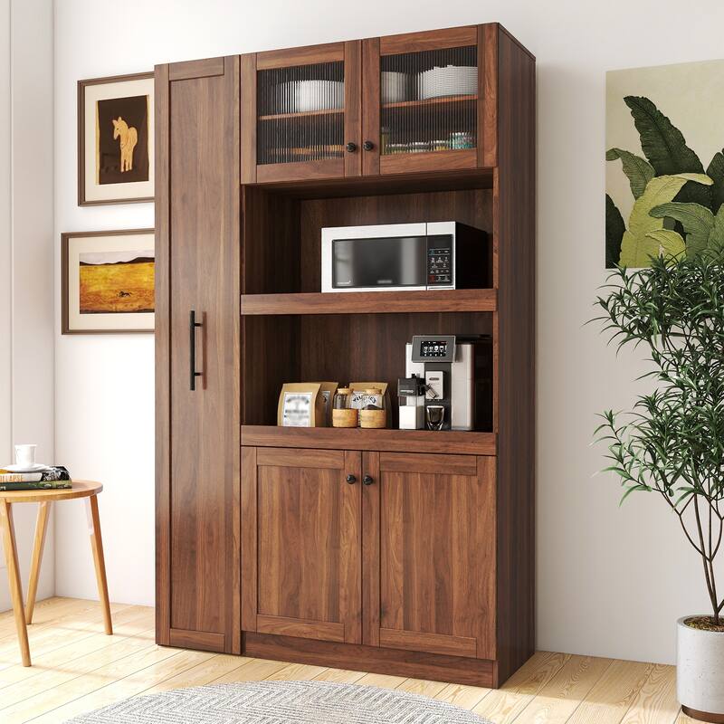 Roomfitters Kitchen Pantry Cabinet with Multi-Tier Pull-Out Shelves, Farmhouse Storage Cupboard with 4 Doors, Walnut - Walnut