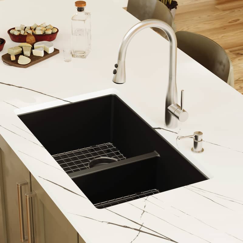 Karran 32" Undermount Double Equal Bowl Quartz Kitchen Sink Kit - 32" x 19.5" x 9"