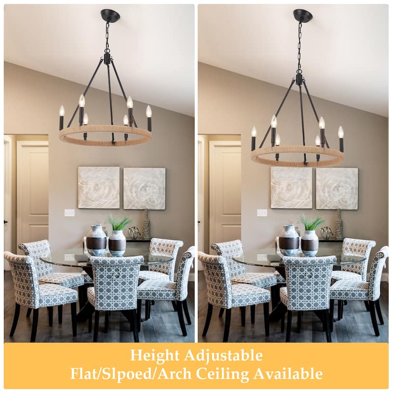 6-Light Rustic Hemp Rope Wagon Wheel Chandelier for Bedroom Foyer Entryway