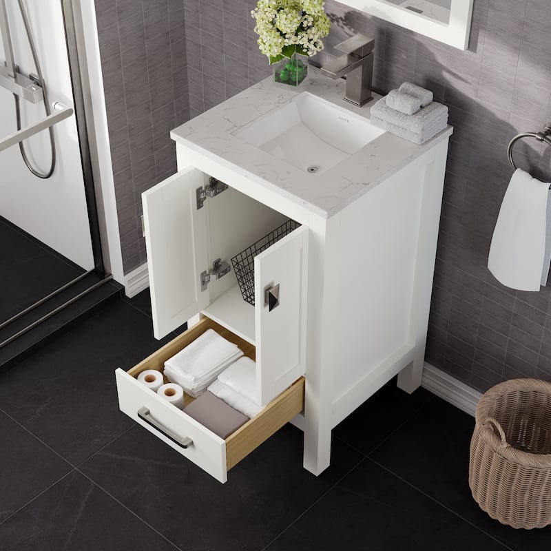 Eviva London 20" x 18" White Transitional Bathroom Vanity w/ White Carrara Quartz Top