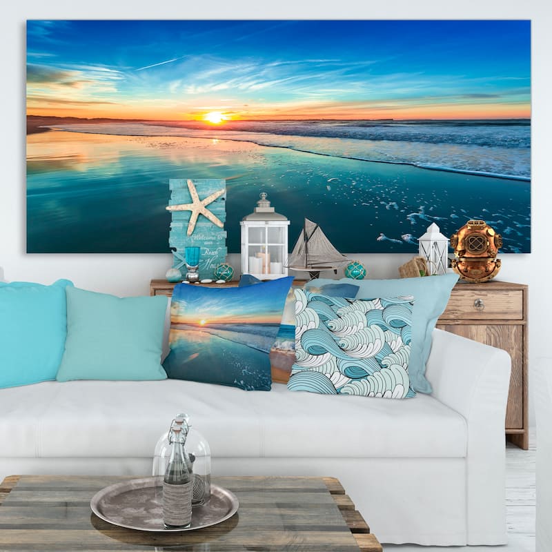 Blue Seashore with Distant Sunset - Seashore Canvas Wall Art