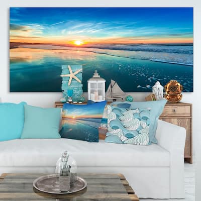 Blue Seashore with Distant Sunset - Seashore Canvas Wall Art