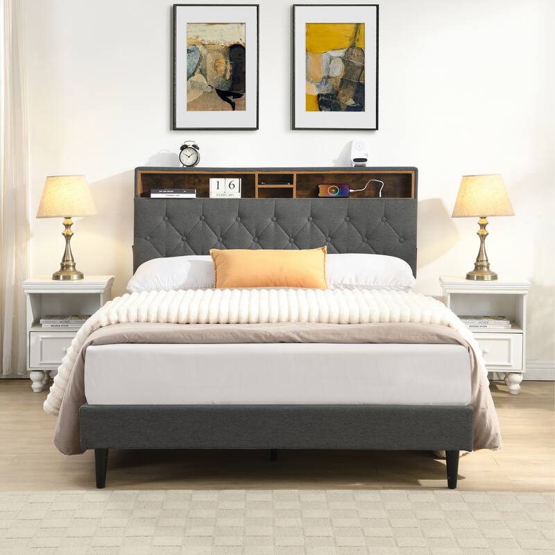 King Size Upholstered Platform Bed Frame Button Tufted Linen Headboard USB Ports Charging Station Dark Grey