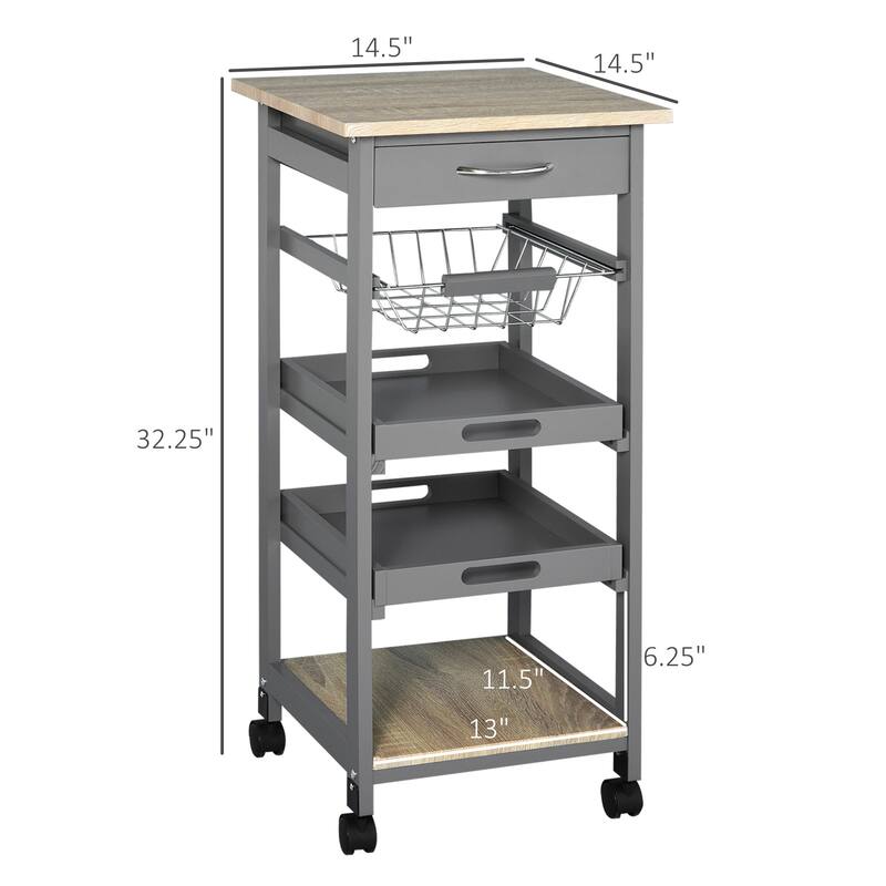 Mobile Kitchen Island, Solid Pine Wood Frame Bar Cart, Trolley Serving Cart with Drawer & Slide-Out Wire Storage Basket, Grey